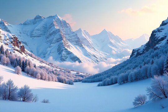 Frosty valley landscape with snow-capped peaks, serene, scenery, frozen - Powered by Adobe
