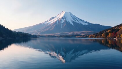 The snow-capped mountain rises above the still waters of a picturesque lake, landscape, still