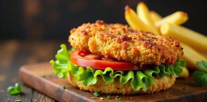 Crispy fried chicken cutlet with lettuce and tomato, cutlet, sandwich, poultry