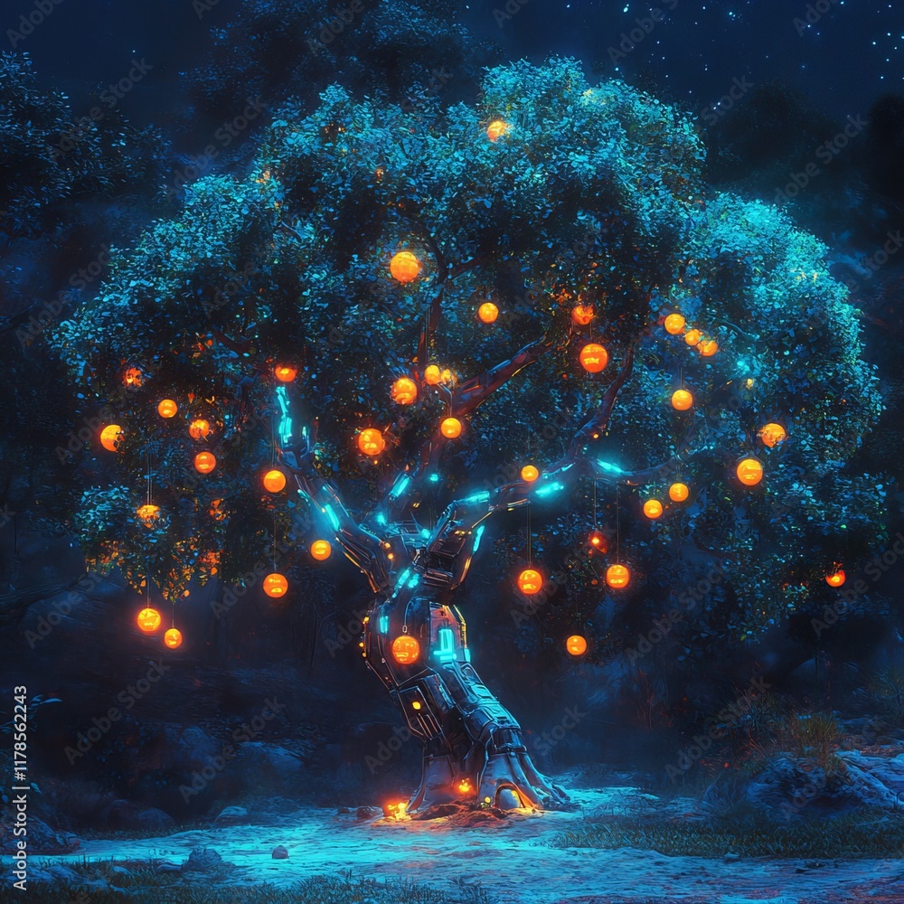 Poster a captivating image of a futuristic tree adorned with glowing lanterns, casting an ethereal glow in 