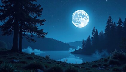 Fototapeta premium Full moon casting silver light on forest landscape at midnight, forest, serene
