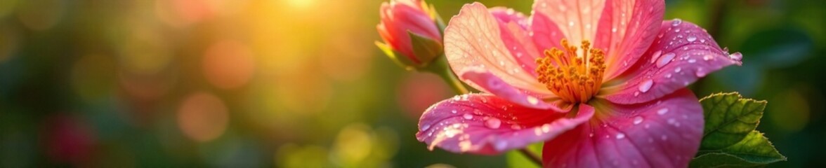 Fototapeta premium Petals of a flower glisten with dew and sunlight, droplets, refreshing, nature