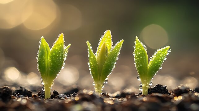 A close-up of raindrops on budding plants, with the backdrop of still-frosted ground, emphasizing the renewal and growth that comes with the seasonal change