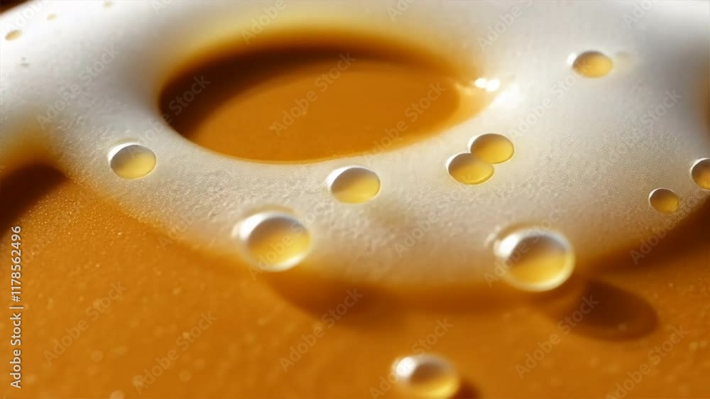 Poster refreshing golden beverage close up of liquid bubbles and foam with inviting texture and amber color
