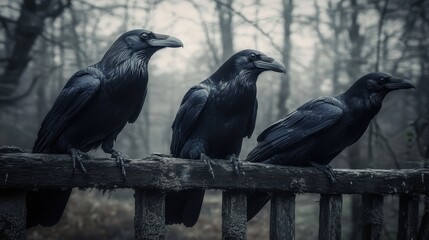Three Mysterious Ravens on a Foggy Day