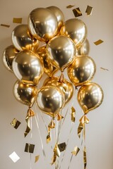Elegant Gold Balloons with Confetti - Luxurious Celebration Scene, ideal for celebration backgrounds, party designs, and holiday themes.