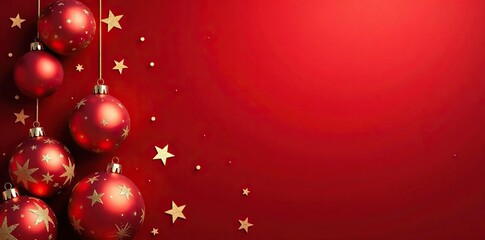 Red background with scattered golden stars and Christmas balls in different sizes, , golden