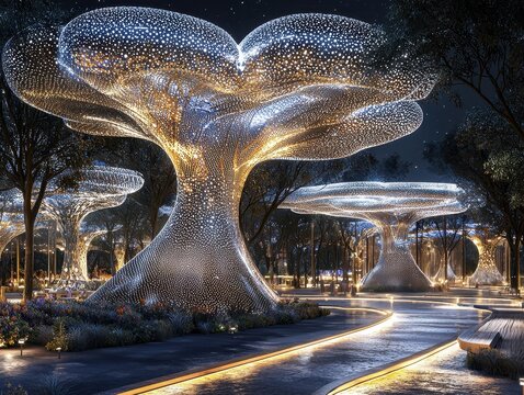A celestial garden filled with radiant flowers that bloom in intricate patterns reflecting the constellations above. Golden pathways wind through the garden, leading to a colossal glowing tree 