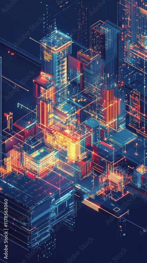 Poster abstract isometric data visualization of interconnected structures on digital web background