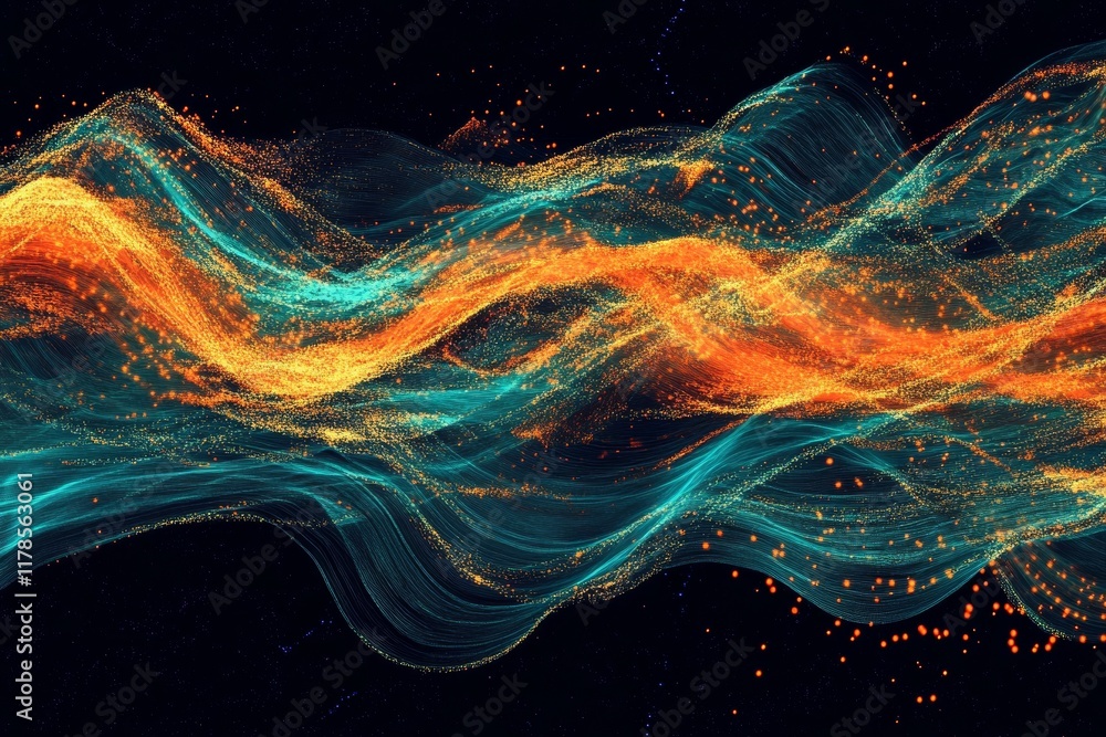 Poster dynamic abstract digital flow background featuring vibrant data visualization in blue and orange ton