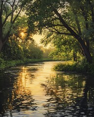 Obraz premium A peaceful river scene at sunset, with the water shimmering under the soft golden light, and trees lining the riverbank casting long shadows on the surface