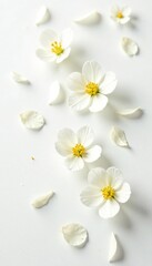 Delicate white petals of Osmanthus flowers scattered on a pristine white background, peaceful, nature, isolation
