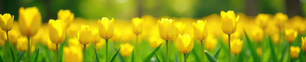 Bright yellow tulips blooming in a lush green meadow, blossoms, sunny meadow, wildflowers
