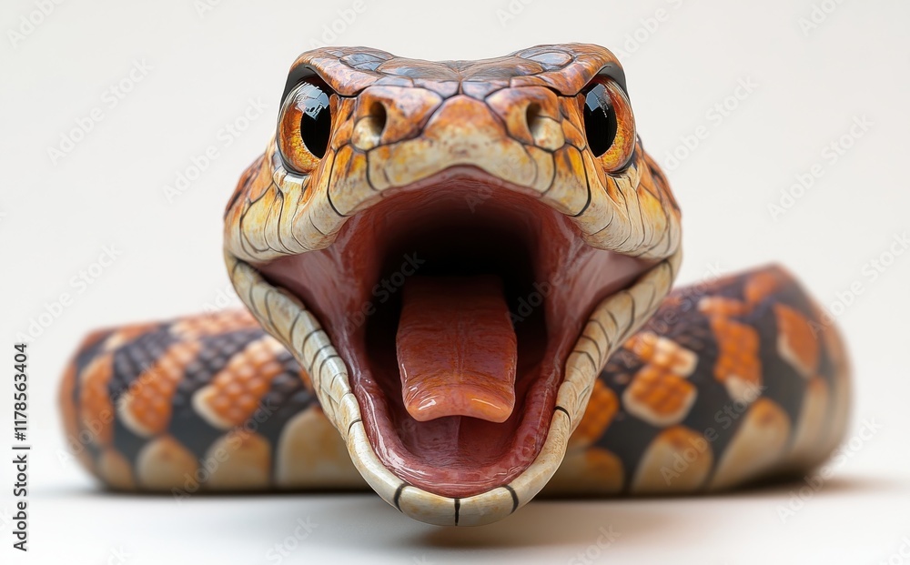 Poster detailed close-up of a vividly colored snake with wide-open mouth displaying its tongue, showcasing 