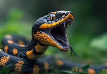 Obraz premium Dramatic Close-Up of a Poisonous Snake with Vibrant Orange and Black Scales, Displaying Its Sharp Fangs and Forked Tongue in a Lush Green Environment