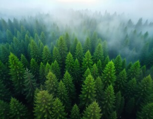 Dense forest ecosystem absorbs CO2. Green trees cover landscape. Misty atmosphere shows eco restoration project. Nature-based solutions improve environment. Forestry project reduces greenhouse gas.