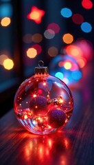 Fototapeta premium Glass bauble with colorful bokeh lights in a vase, glass ornaments, festive centerpieces