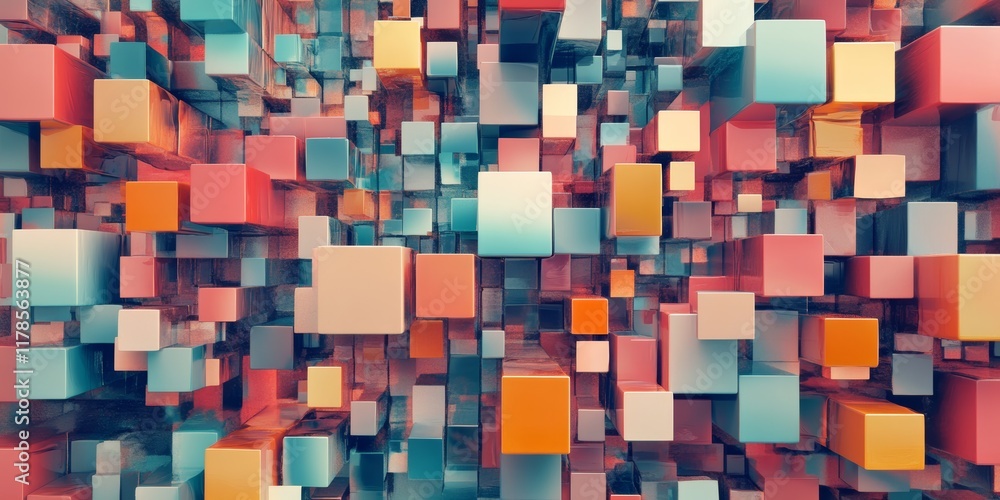 Poster explore an abstract representation of big data concepts through a colorful arrangement of 3d cubes, 