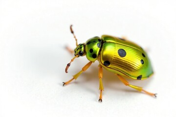 Obraz premium Yellow-green beetle with black spots on white background, yellow, bug
