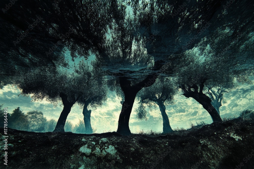 Poster unique underwater view of olive trees with dramatic reflections and a moody sky, creating a surreal 