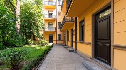 Fototapeta premium Mindfulness and meditation method, A bright, inviting pathway leads past yellow buildings, framed by lush greenery and manicured hedges, creating a serene urban retreat.