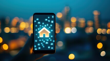 A glowing house icon inside a smartphone screen held against a backdrop of a cityscape, depicting property search apps or online real estate platforms.
