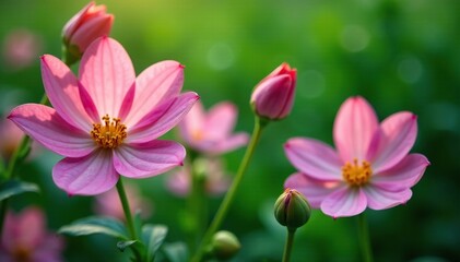 Fototapeta premium Delicate pink petals against a lush green background, flowers on green, floral arrangements