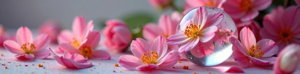 Fototapeta premium Delicate flower petals unfolding on a glass ball, glass ornament, pretty flowers