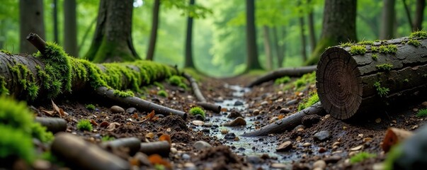 Obraz premium Muddy forest floor with mossy logs and a fallen tree trunk, trees, woods, grunge