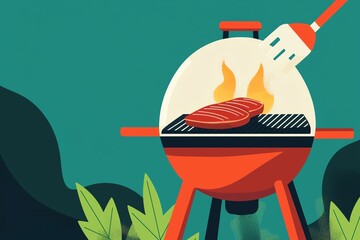 A colorful illustration of a barbecue grill cooking meat, surrounded by greenery, evoking a summer vibe.