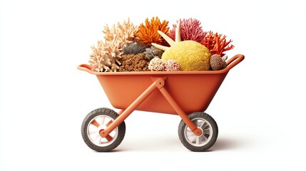 A colorful wheelbarrow filled with various types of coral and marine life, symbolizing oceanic beauty and biodiversity.