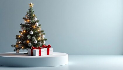 Shimmering icicles hanging from Christmas tree on white platform with frosty effect, Christmas Tree, Holiday Gift