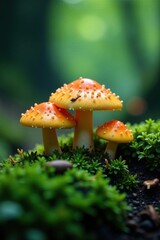 Softly glowing mushrooms in a forest of dark green moss, subtle, greens