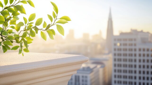A For Rent sign hanging on the balcony of a stylish apartment overlooking a bustling city street, targeting young professionals or urban dwellers.