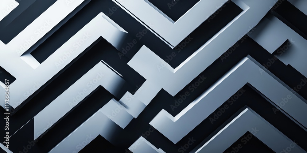 Poster a striking abstract geometric pattern featuring overlapping metallic shapes in monochrome tones, ide