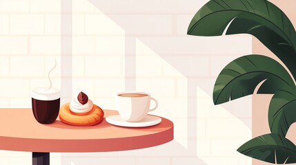 A cozy scene featuring coffee and a pastry on a table, complemented by a leafy plant and soft lighting.
