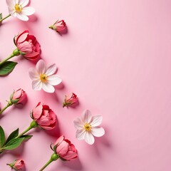 Fototapeta premium Delicate flowers scattered on a soft pink background from above, blossom,