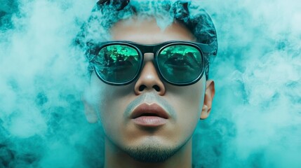 Naklejka premium Mysterious Man Surrounded by Teal Smoke, Wearing Sunglasses