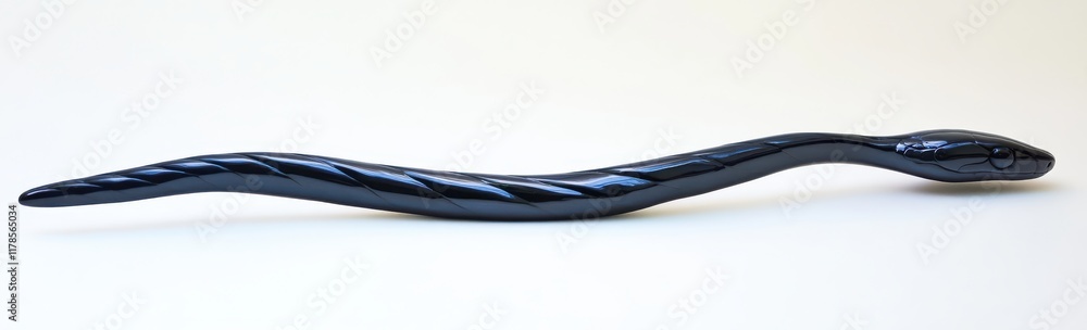 Poster glossy black snake with spiral pattern on body displayed against neutral background for nature and w
