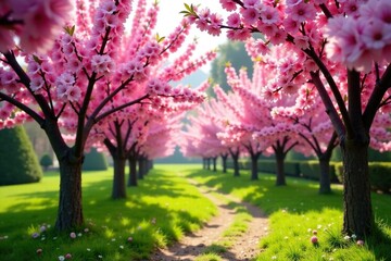 Pink blossoms on almond trees in spring garden, flowers, pink, greenery