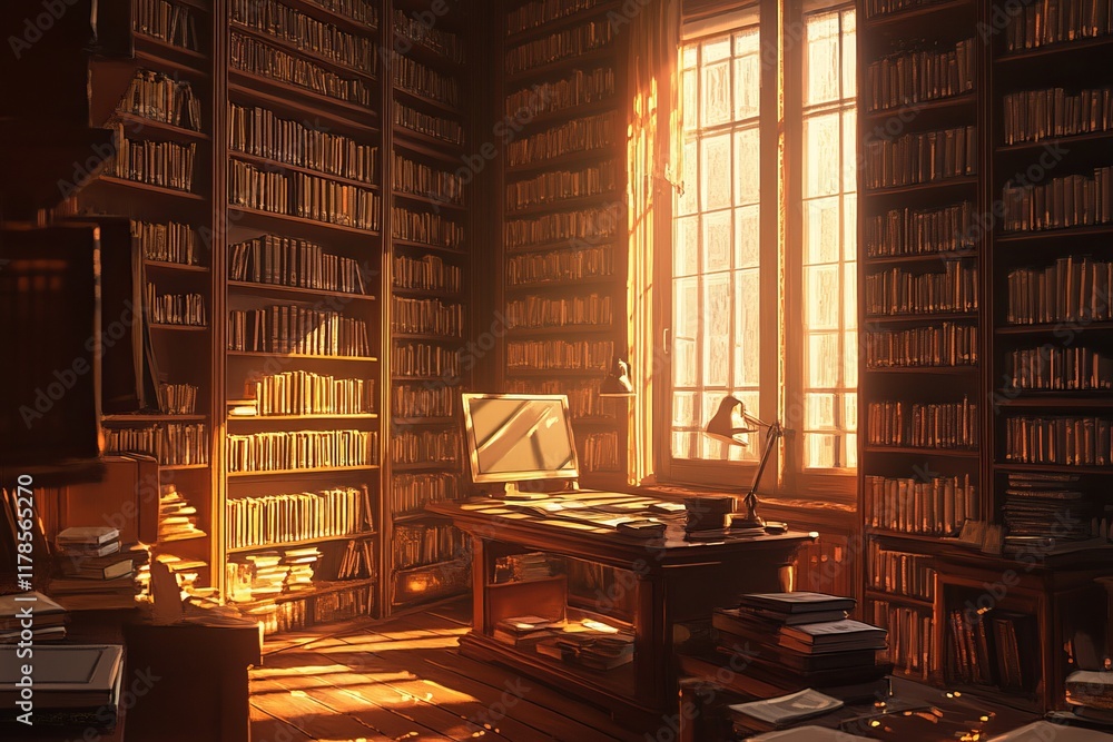 Poster a library with a desk and a computer. there are many books on the shelves. a window is open