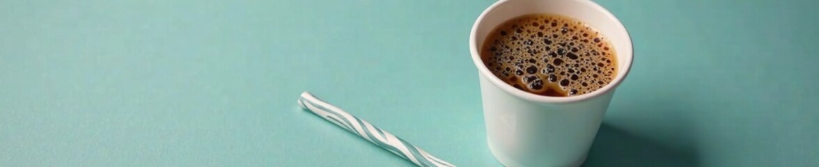 Obraz premium A paper cup filled with cold coffee and a striped straw lying on the surface, straw, surface, coffee