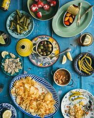 Fototapeta premium Colorful Mediterranean Feast on a Blue Table