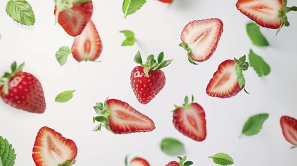 Strawberries and Half Slices Floating with Green Leaves Isolated on White Background
