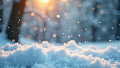 Delicate golden snowflakes fall gently on a silver snowy scene, winter wonderland, frosty atmosphere