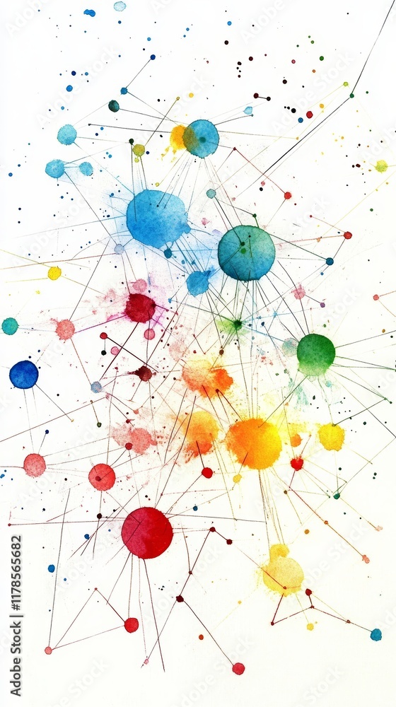 Poster This vibrant watercolor artwork features an abstract network of colorful data points interconnected with lines. Perfect for tech-themed projects and creative designs.