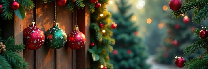 Colorful Christmas ornaments hang from a wooden doorframe, ivy, festive decorations