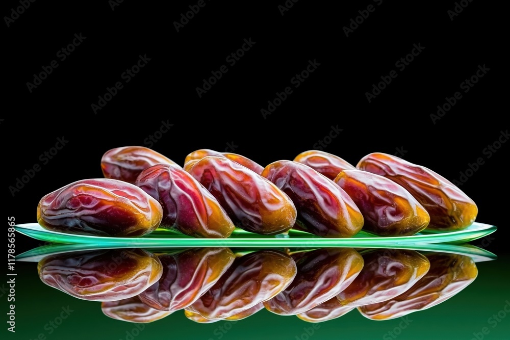 Poster ramadan reflection concept. fresh dates arranged on a reflective plate with a dark background.
