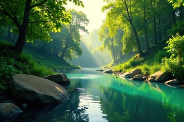 Obraz premium Serene river flowing through a tranquil glade, nature, flow, glade