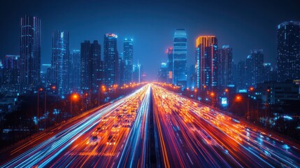Fototapeta premium A vibrant city skyline at night, showcasing illuminated buildings and light trails from traffic.